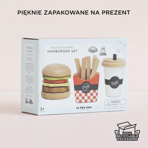 Drewniany zestaw 3w1 hamburger frytki napój, zabawka dla dzieci, Le Toy Van