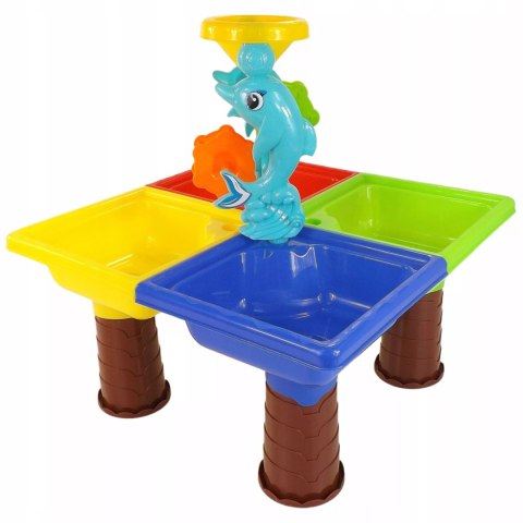 Stolik do piasku i do wody delfin młyn łopatka grabki foremki 25 el 9829